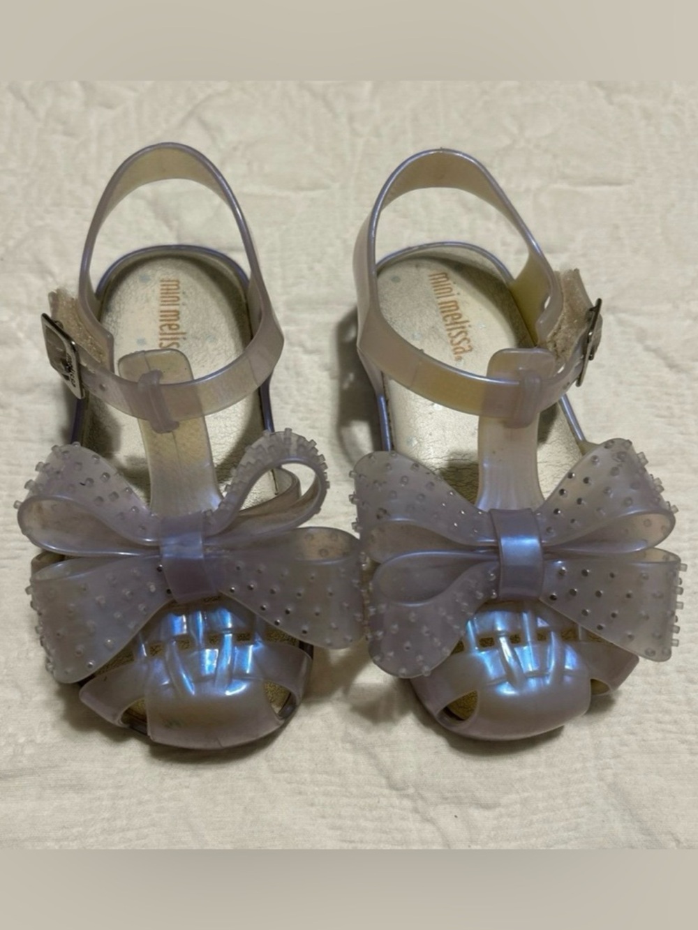 Mini Melissa Iridescent Lavender Bow Sandals, Size 8.